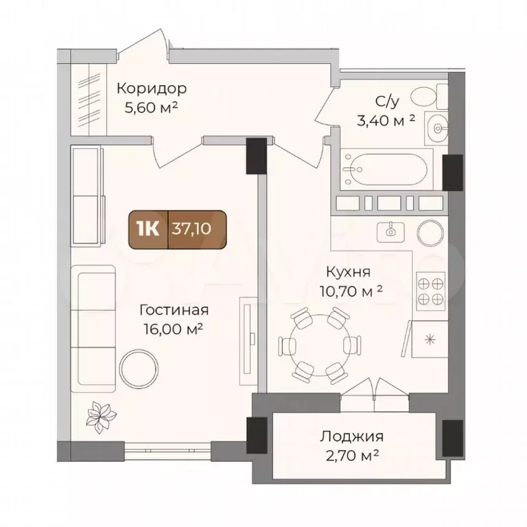 1-к. квартира, 37,1 м, 1/9 эт. - Фото 0
