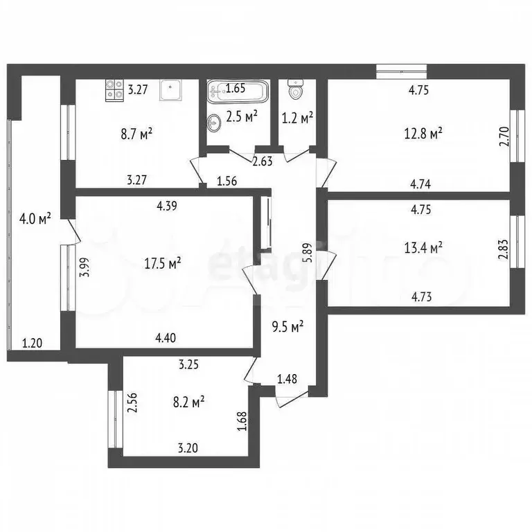 4-к. квартира, 74,4 м, 6/9 эт. - Фото 0