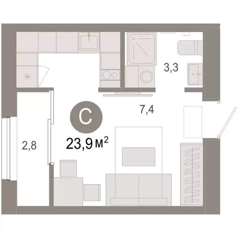 Квартира-студия: Тюмень, микрорайон ДОК, ЖК Октябрьский на Туре (23.87 ... - Фото 2