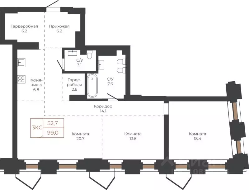 3-к кв. Алтайский край, Барнаул пл. Баварина, 8к2 (99.4 м) - Фото 1