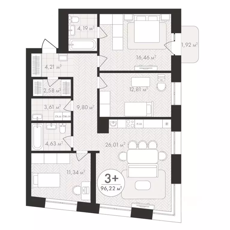 3-к кв. Башкортостан, Уфа Южный-2 мкр,  (96.22 м) - Фото 1