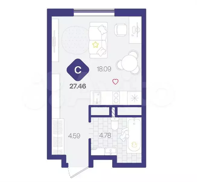 Квартира-студия, 27,5 м, 2/12 эт. - Фото 1