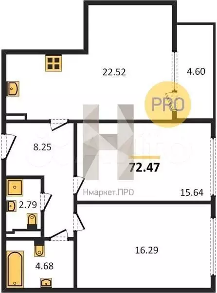 2-к. квартира, 72,5 м, 4/8 эт. - Фото 0