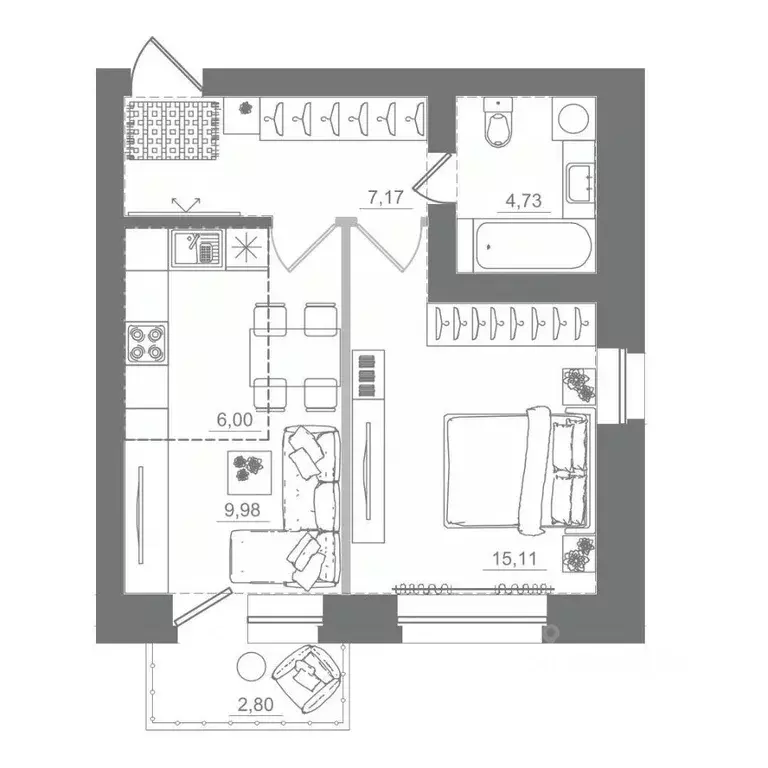 Студия Новосибирская область, Кольцово рп, Спектр мкр  (42.99 м) - Фото 1