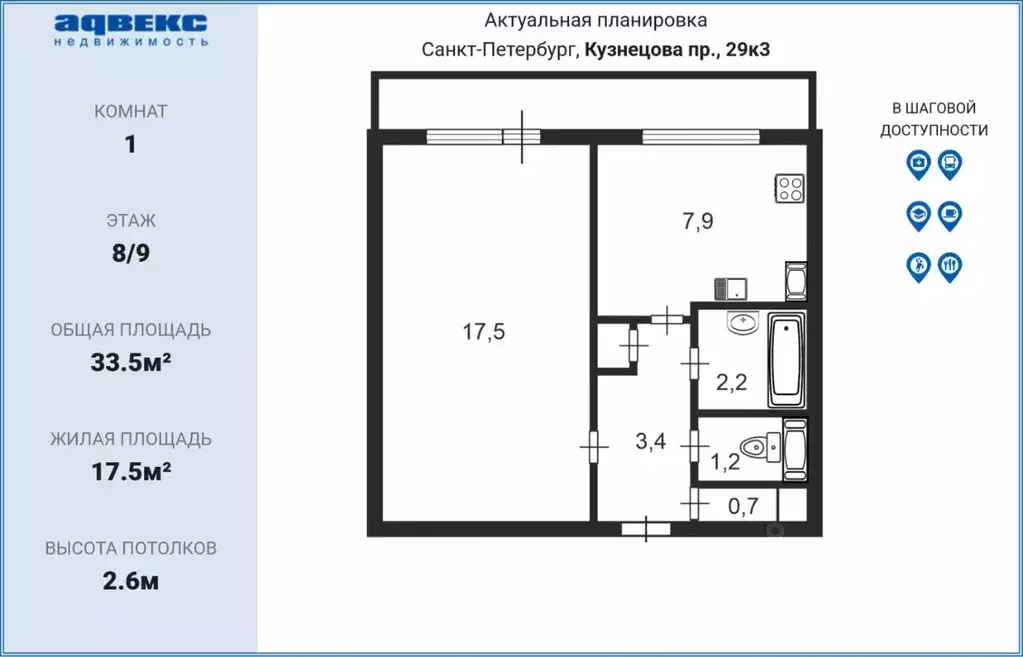 1-к кв. Санкт-Петербург просп. Кузнецова, 29К3 (33.5 м) - Фото 1