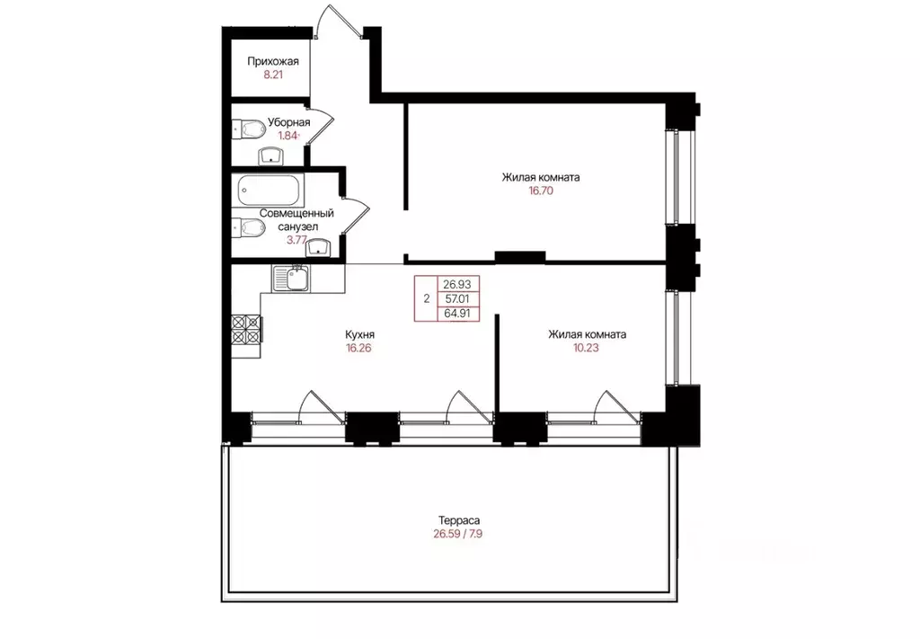 2-к кв. Татарстан, Казань Лето жилой комплекс (64.91 м) - Фото 1