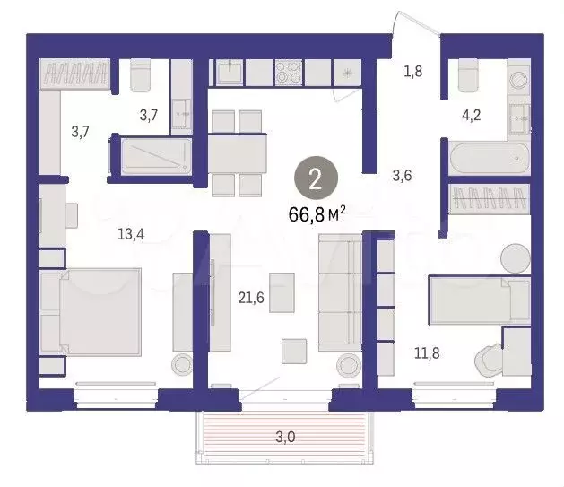 2-к. квартира, 66,8 м, 3/8 эт. - Фото 1