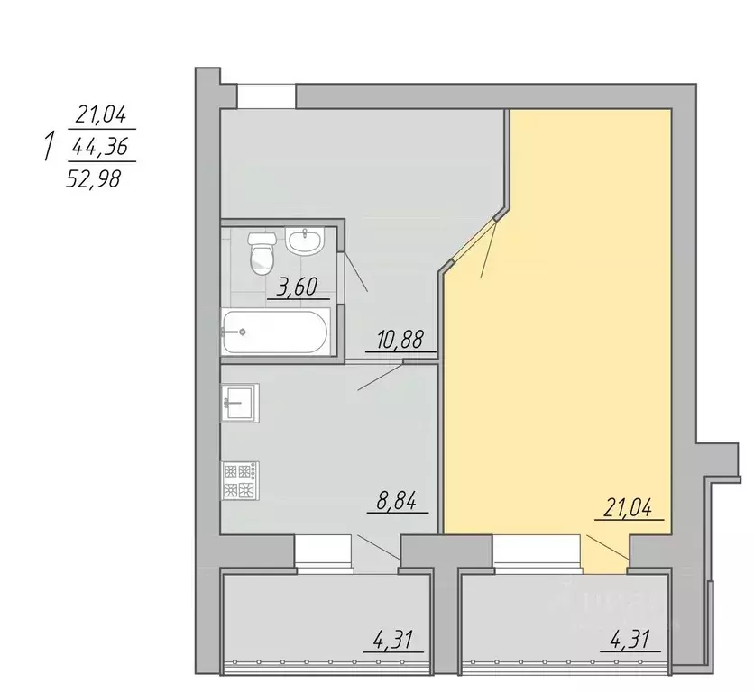 1-к кв. Тверская область, Тверь Озерная ул. (52.98 м) - Фото 1