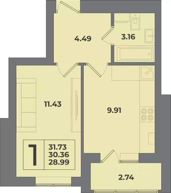 1-к кв. Калининградская область, Калининград Петровский мкр,  (31.73 ... - Фото 1