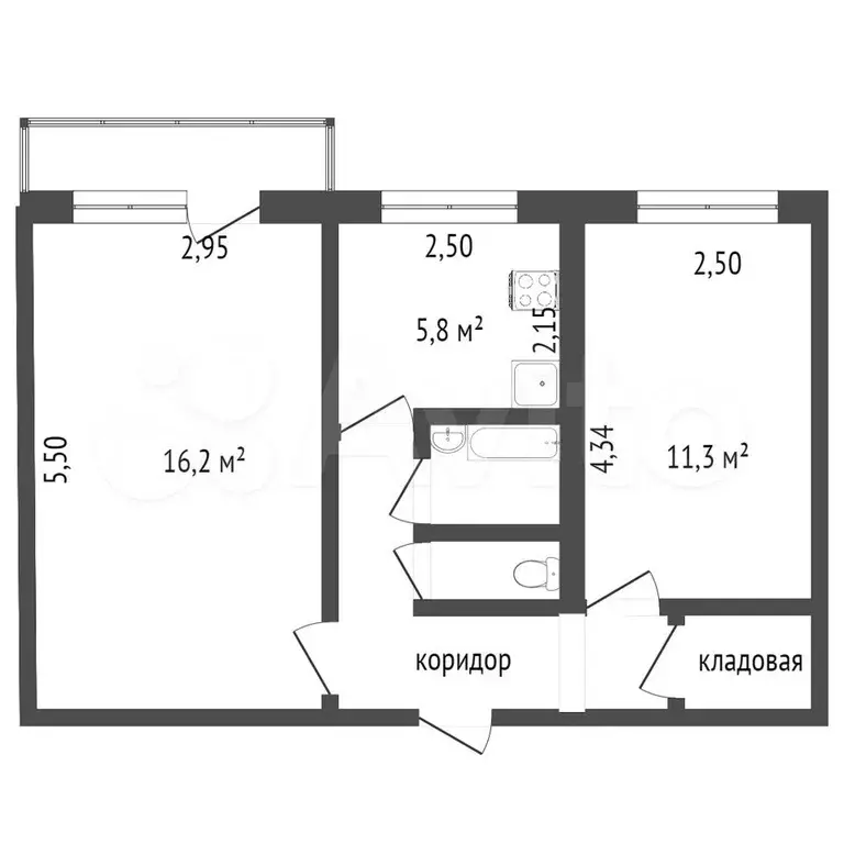 2-к. квартира, 44,3 м, 4/5 эт. - Фото 0