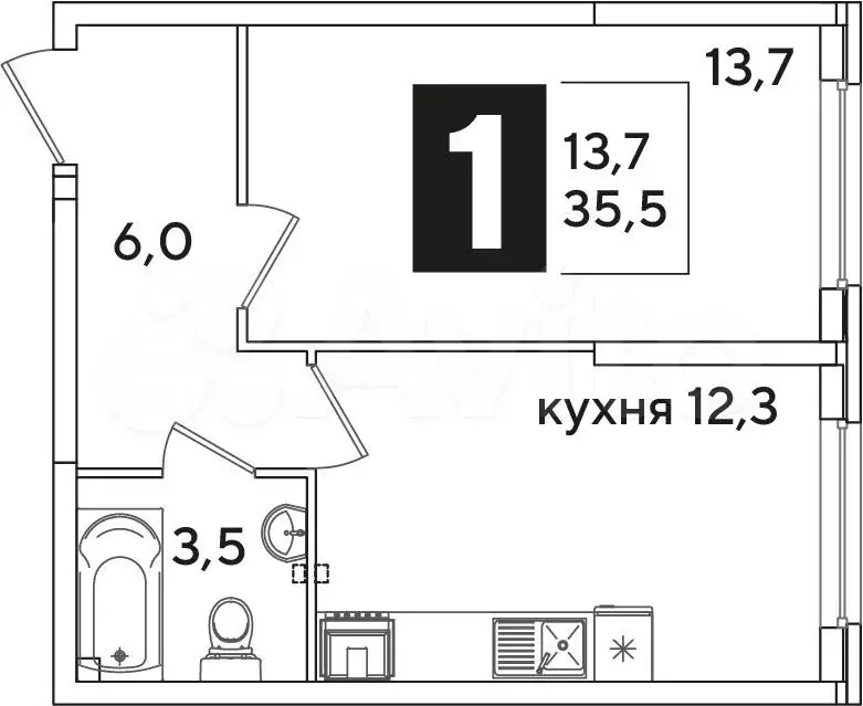 1-к. квартира, 35,5м, 2/16эт. - Фото 1