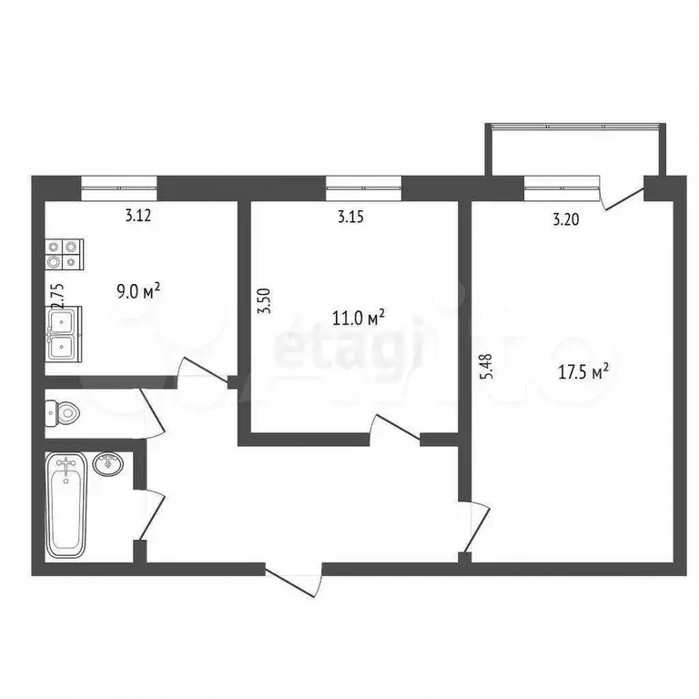 2-к. квартира, 51 м, 3/10 эт. - Фото 0