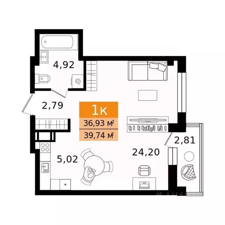 1-к кв. Курганская область, Курган просп. Конституции (39.74 м) - Фото 2