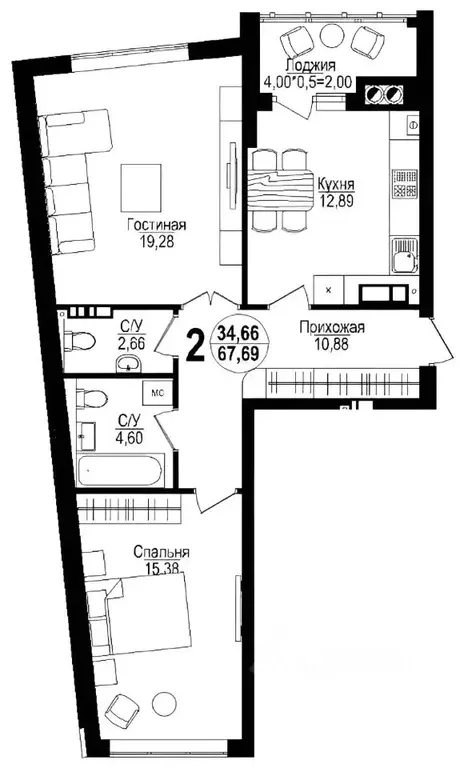 2-к кв. Калининградская область, Калининград проезд Крымский, 2 (66.2 ... - Фото 2
