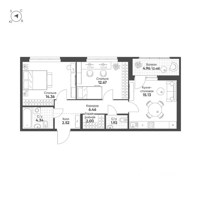 2-к кв. Свердловская область, Екатеринбург Солнечный жилрайон,  (61.9 ... - Фото 1