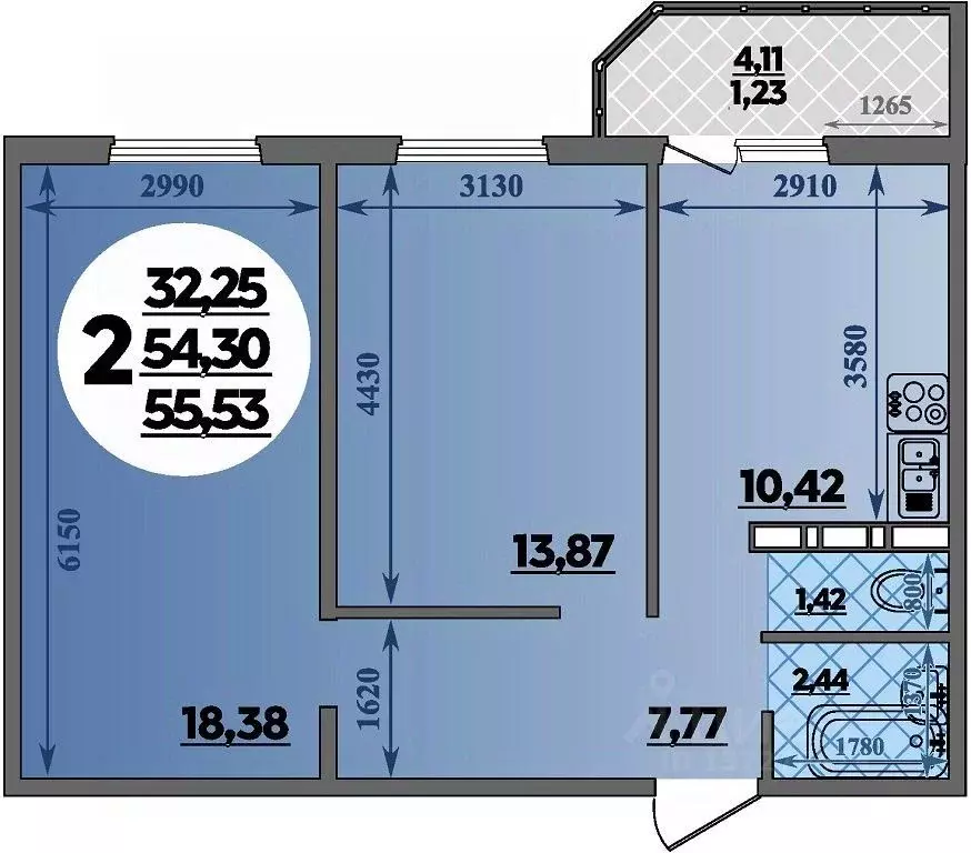 2-к кв. Ростовская область, Ростов-на-Дону ул. Юрия Дубинина, 1 (55.53 ... - Фото 1