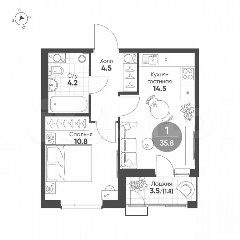 1-к. квартира, 35,8 м, 7/9 эт. - Фото 1