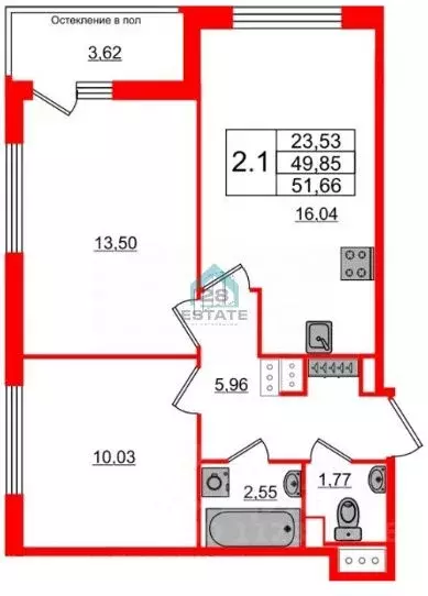 2-к кв. Санкт-Петербург Кубинская ул., 76к1 (51.6 м) - Фото 2