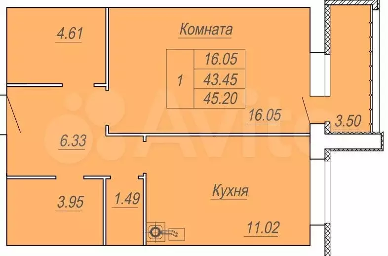 1-к. квартира, 41,7 м, 4/9 эт. - Фото 0