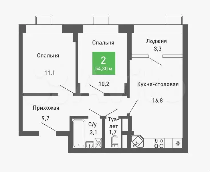2-к. квартира, 54,3 м, 8/14 эт. - Фото 0
