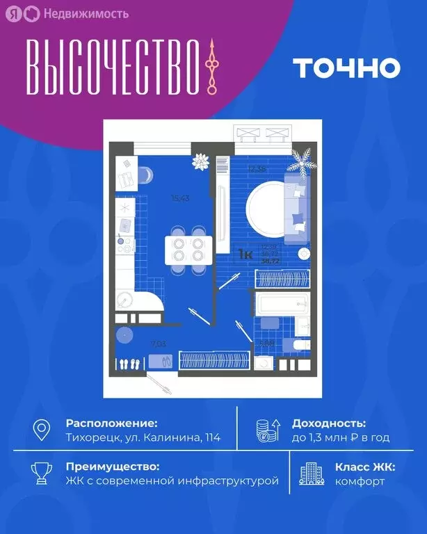1-комнатная квартира: Тихорецк, улица Калинина, 114 (38.6 м) - Фото 1