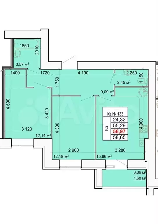 2-к. квартира, 58 м, 9/9 эт. - Фото 0