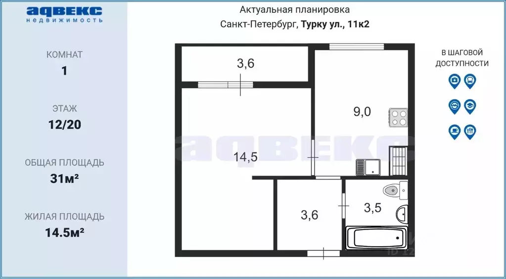 1-к кв. Санкт-Петербург ул. Турку, 11к2 (31.0 м) - Фото 1