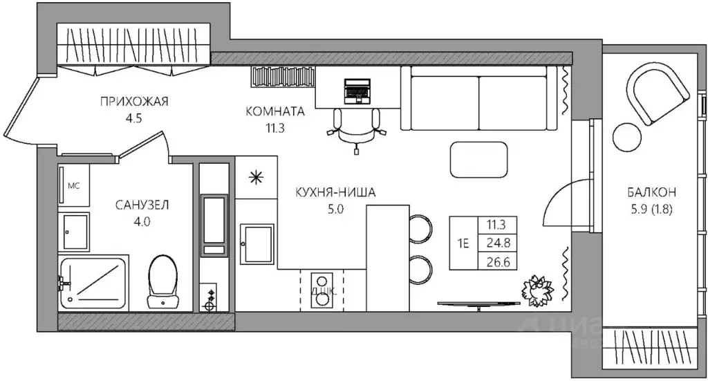 Студия Пермский край, Пермь Батумская ул., 21 (26.6 м) - Фото 1