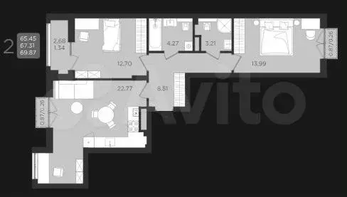 2-к. квартира, 70 м, 9/9 эт. - Фото 1