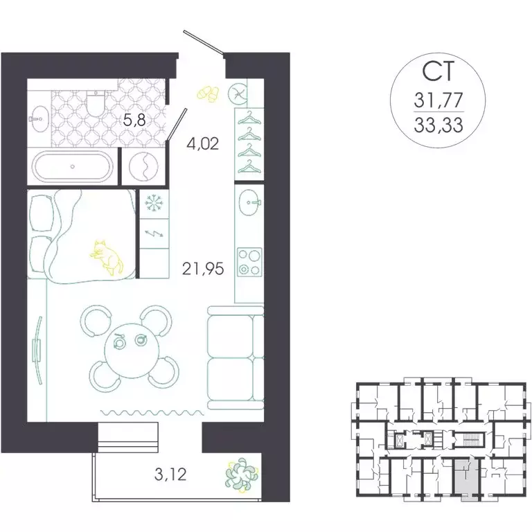 Квартира-студия: Пенза, Колышлейская улица, 7 (33.95 м) - Фото 2