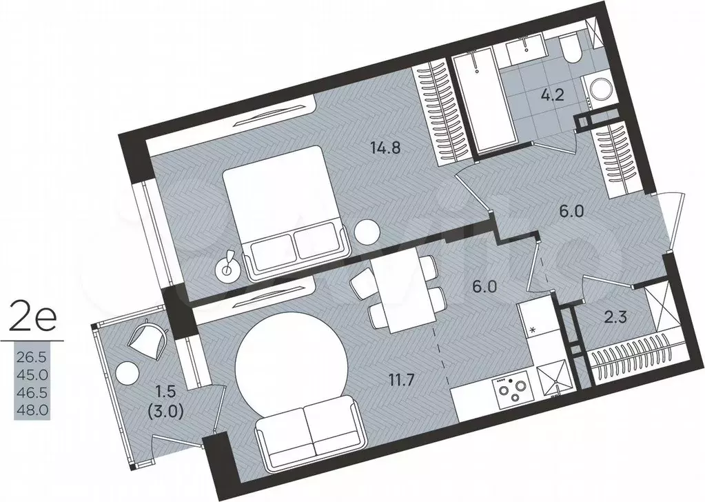 2-к. квартира, 46,5 м, 4/8 эт. - Фото 0