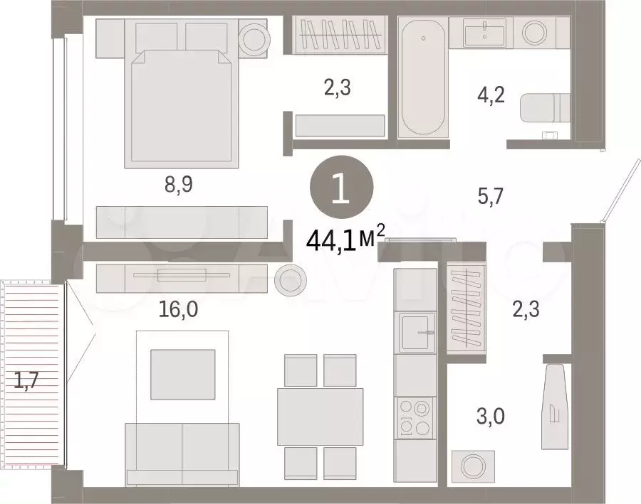 1-к. квартира, 44,1 м, 5/16 эт. - Фото 1