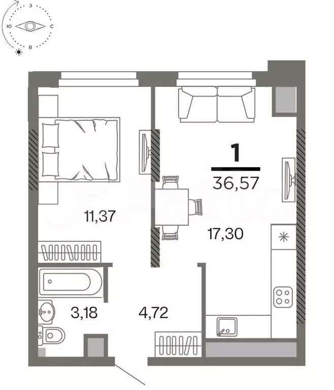 1-к. квартира, 36,6 м, 23/26 эт. - Фото 1