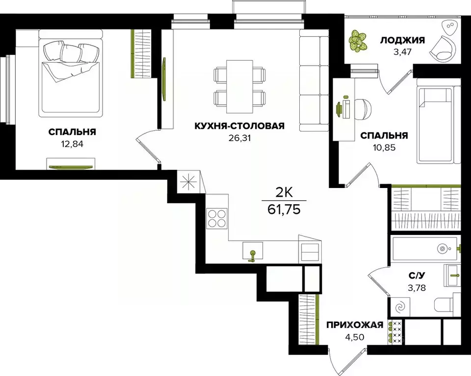 2-к кв. Тульская область, Тула  (61.75 м) - Фото 0