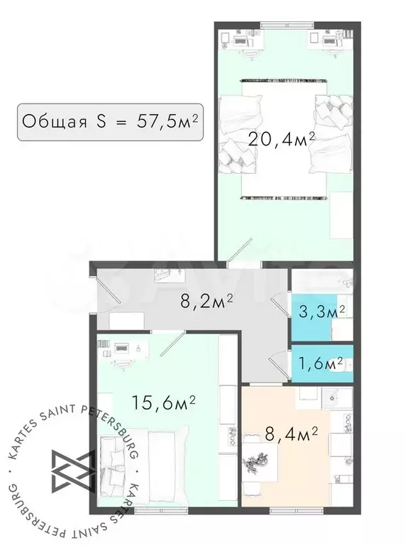 2-к. квартира, 57,5 м, 2/5 эт. - Фото 0