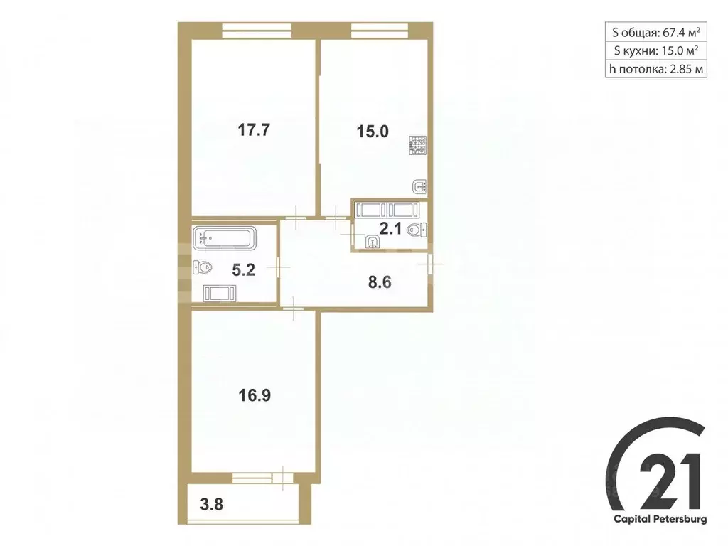2-к кв. Санкт-Петербург ул. Адмирала Трибуца, 10 (67.4 м) - Фото 2