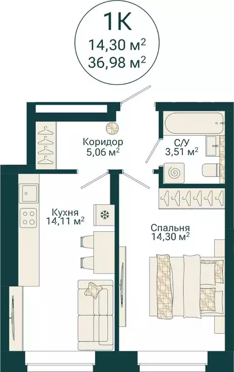 1-к кв. Башкортостан, Уфа Сердце Уфы жилой комплекс (36.98 м) - Фото 2