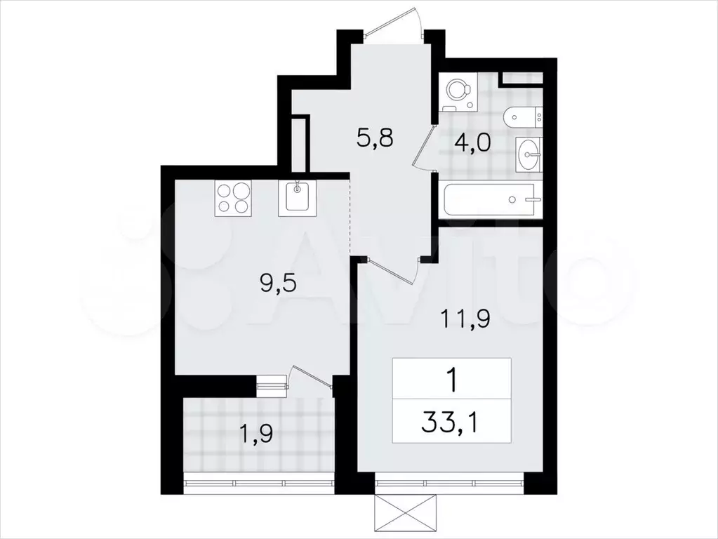 1-к. квартира, 33,1м, 12/12эт. - Фото 1