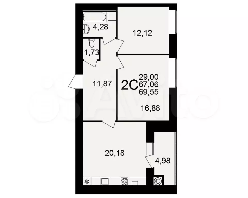 2-к. квартира, 69,6 м, 12/15 эт. - Фото 1