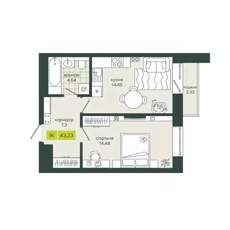 1-к кв. Новосибирская область, Новосибирск Гринвилл жилой комплекс ... - Фото 1