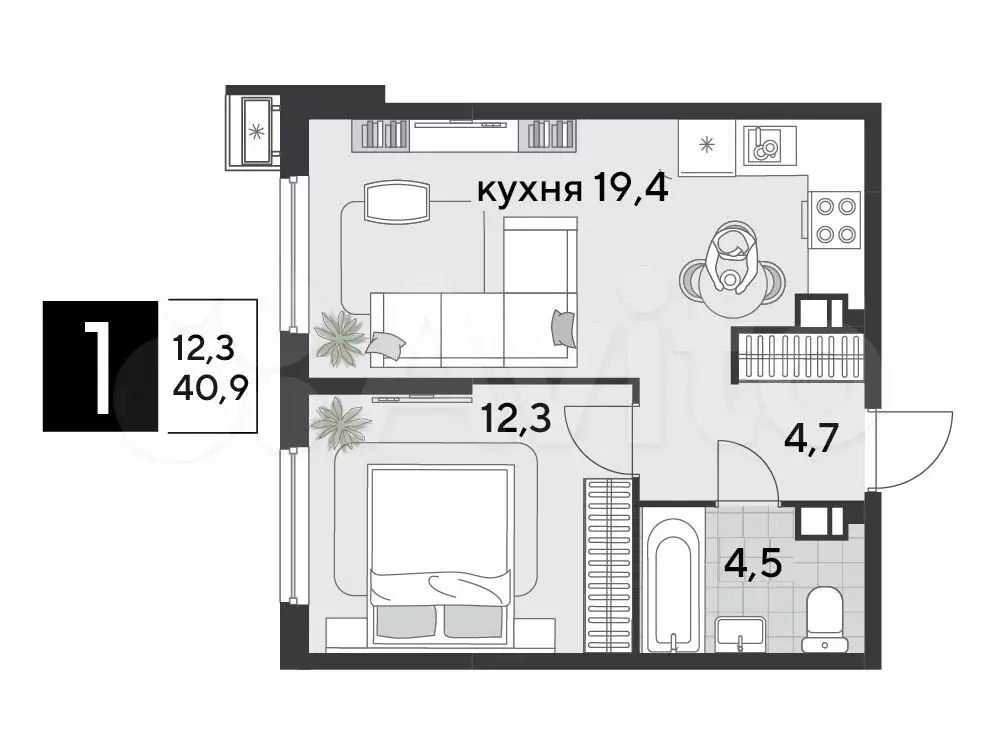 1-к. квартира, 40,9 м, 7/9 эт. - Фото 1