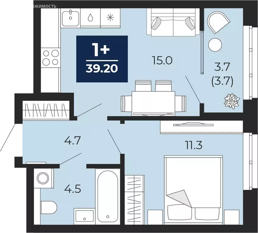 1-комнатная квартира: Тюмень, проезд Капитана Куликова, 5 (39.2 м) - Фото 1
