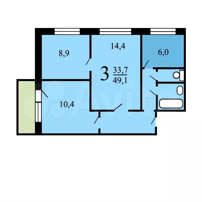 3-к. квартира, 49,5 м, 2/9 эт. - Фото 0