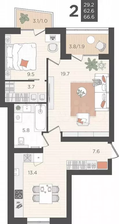 2-к. квартира, 62,6 м, 3/4 эт. - Фото 0