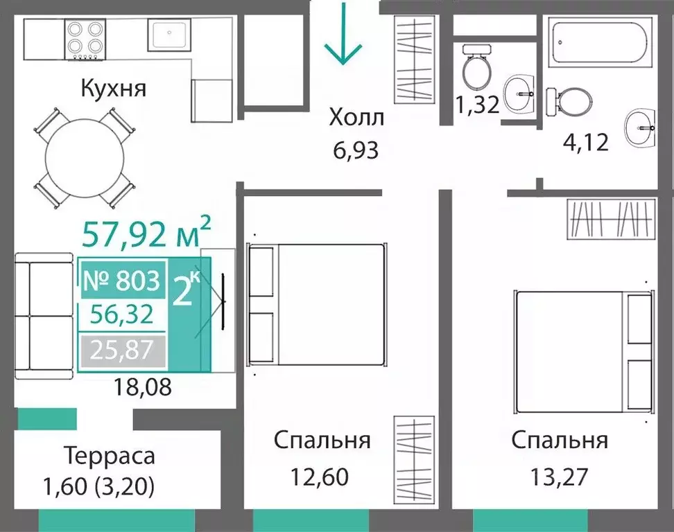2-к кв. Крым, Симферополь Крымская роза мкр,  (57.92 м) - Фото 0