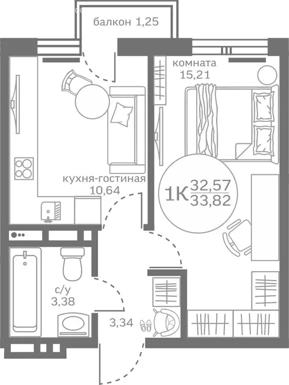 1-комнатная квартира: деревня Патрушева, улица Петра Ершова, 8 (32.57 ... - Фото 0