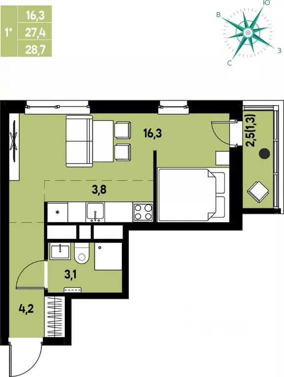 Студия Пермский край, д. Кондратово Мы жилой комплекс (28.7 м) - Фото 1