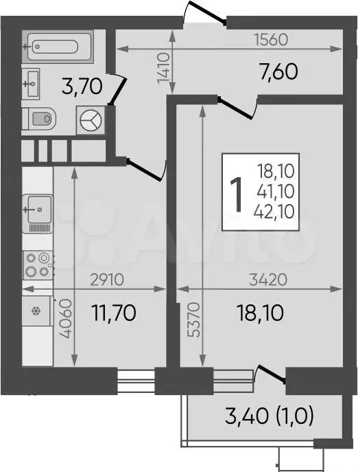 1-к. квартира, 42,1м, 9/12эт. - Фото 1