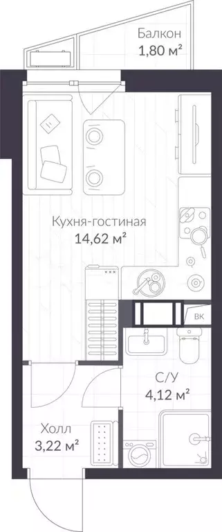 Квартира-студия, 22,5 м, 5/11 эт. - Фото 1