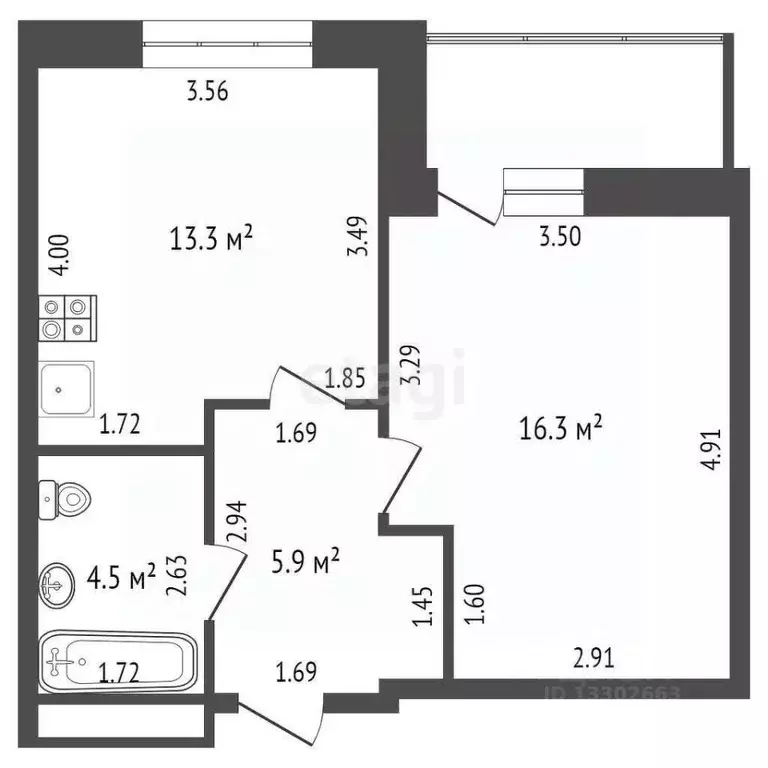 Студия Ханты-Мансийский АО, Сургут ул. Ивана Захарова, 5/1 (40.0 м) - Фото 1